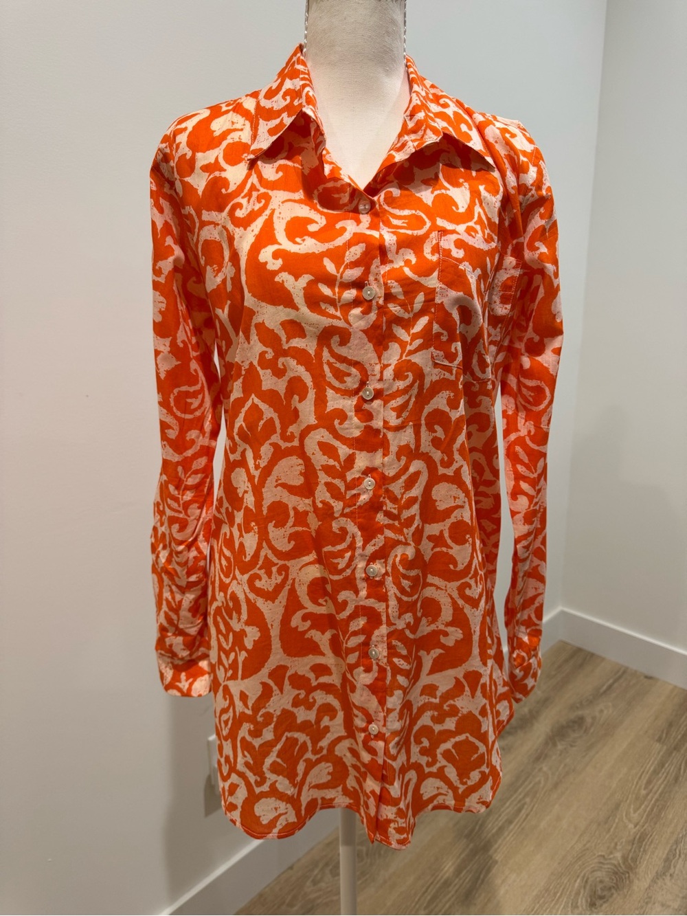 Kikisol Women's Orange Printed Button-Down Shirt size S costal resort oversized